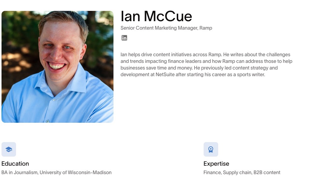Ian McCue author page showing expertise and background